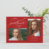 Red Script QR Code 3 Photo Graduation Party Kaart (Staand voorkant)