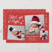 Red Script Silent Night 3 Photo Collage Feestdagenkaart (Voorkant / Achterkant)