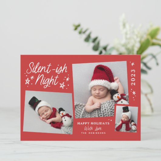 Red Script Silent Night 3 Photo Collage Feestdagenkaart (Staand voorkant)