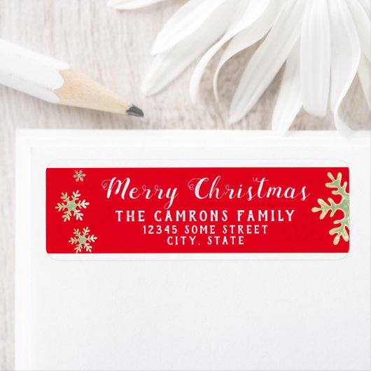 Red Script Snowflakes Merry Kerstadres Etiket (Insitu)