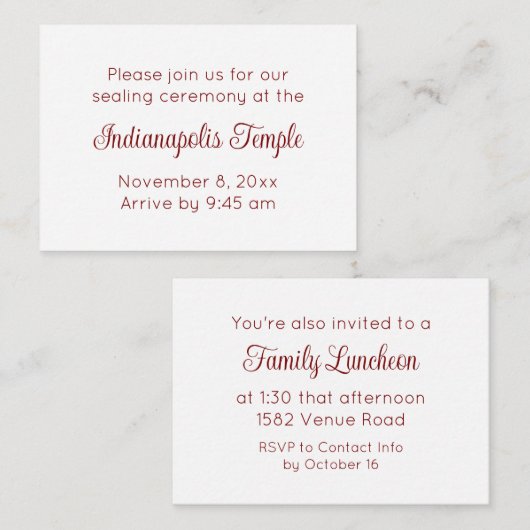 Red Script Temple Sealing & Meal Invitation Informatiekaartje (Voorkant / Achterkant)