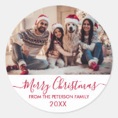 Red Script White Family Foto Vrolijk Kerstfeest Ronde Sticker (Voorkant)