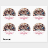 Red Script White Family Foto Vrolijk Kerstfeest Ronde Sticker (Vel)