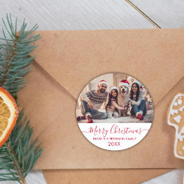 Red Script White Family Foto Vrolijk Kerstfeest Ronde Sticker