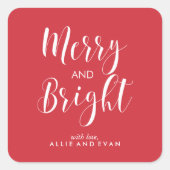 Red Scripted Merry en Bright Vierkante Sticker (Voorkant)