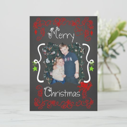 Red Scrolls Gepersonaliseerd Foto Vakantie Kaart (Staand voorkant)