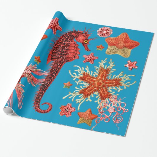 RED SEAHORSE EN SEASTART IN AQUA BLUE Zee Life Cadeaupapier (Uitgerold)