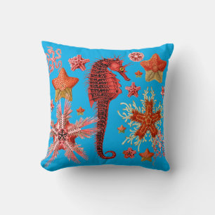 RED SEAHORSE EN SEASTART IN AQUA BLUE Zee Life Kussen