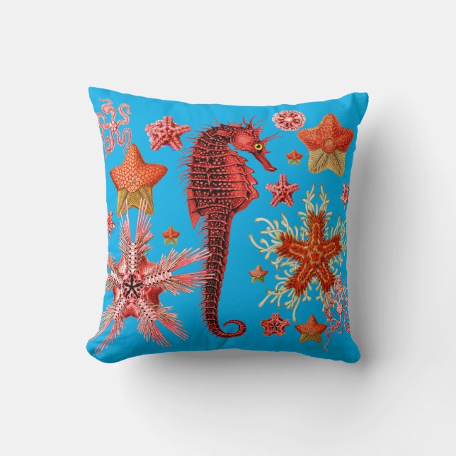 RED SEAHORSE EN SEASTART IN AQUA BLUE Zee Life Kussen (Voorkant)