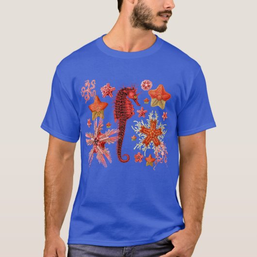 RED SEAHORSE EN SEASTART IN AQUA BLUE Zee Life T-shirt (Voorkant)
