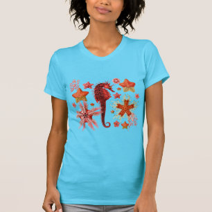 RED SEAHORSE EN SEASTART IN AQUA BLUE Zee Life T-shirt