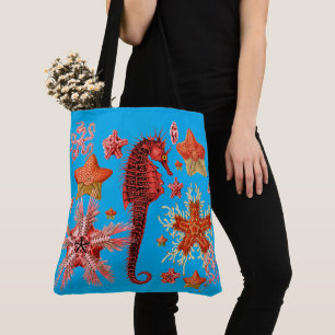 RED SEAHORSE EN SEASTART IN AQUA BLUE Zee Life Tote Bag