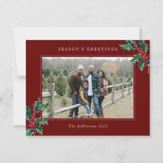 Red Season's Greetings met kerstfoto op maat Feestdagenkaart (Voorkant)