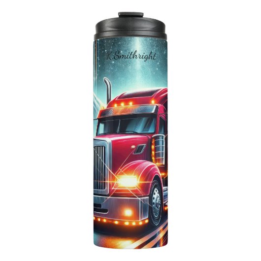 Red Semi Truck Mountain Night Thermosbeker (Voorkant)