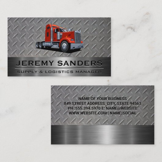 Red Semi Truck | Staal en metaal Visitekaartje (Voorkant / Achterkant)