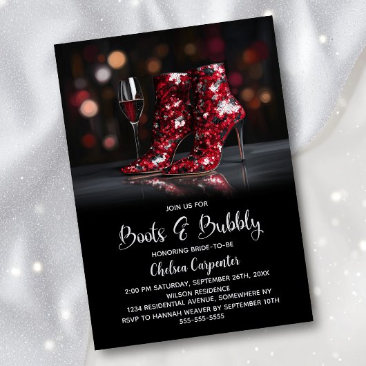 Red Sequin Boots and Bubbly Bridal Shower Kaart