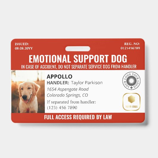 Red Service Dog 2 Logo & foto ID Badge (Front)