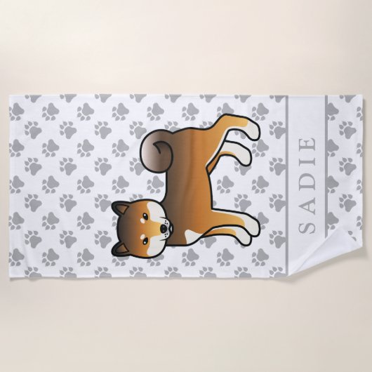 Red Sesame Shiba Inu Cartoon Dog & Name Strandlaken (Voorkant)