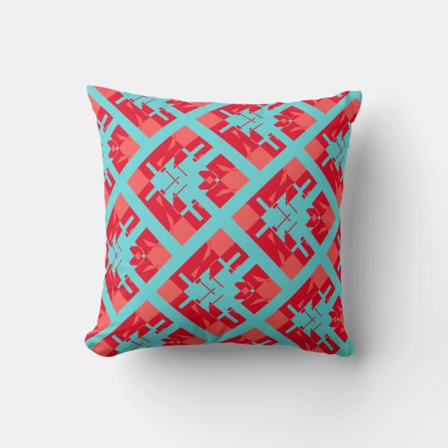 Red Shades Dark Aqua Diagonal Tegel Design Kussen (Voorkant)