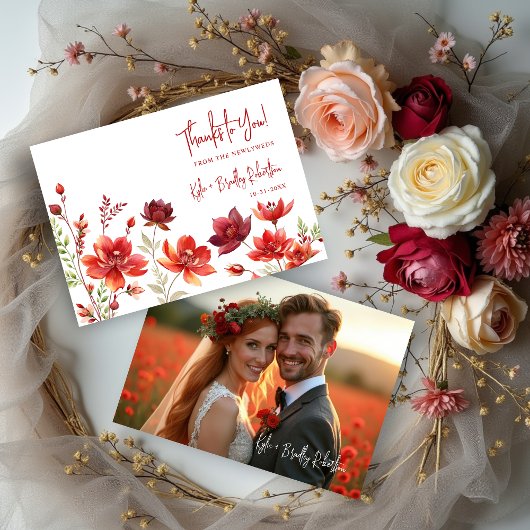 Red Shades Romantic Floral Wedding Back Photo Bedankkaart