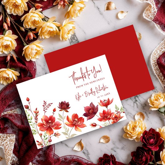 Red Shades Romantic Floral Wedding Bedankkaart