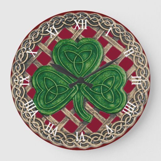 Red Shamrock & Celtic Knots Roman Numerals Clock Grote Klok (Voorkant)