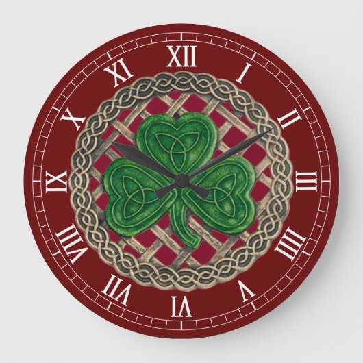 Red Shamrock & Celtic Knots Roman Numerals Clock Grote Klok (Voorkant)