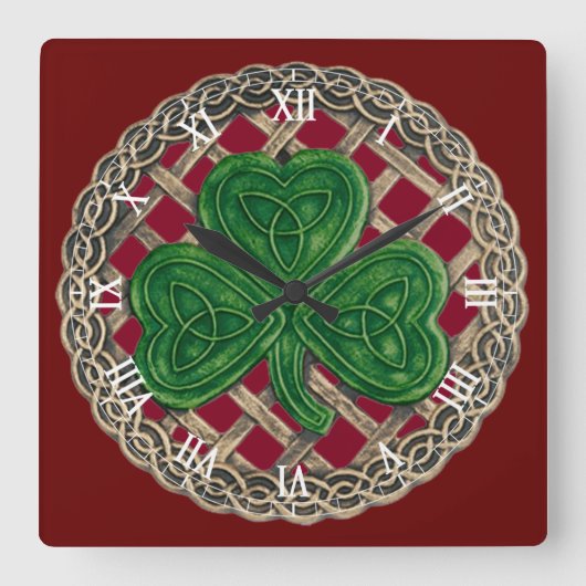 Red Shamrock & Celtic Knots Roman Numerals Clock Vierkante Klok (Voorkant)