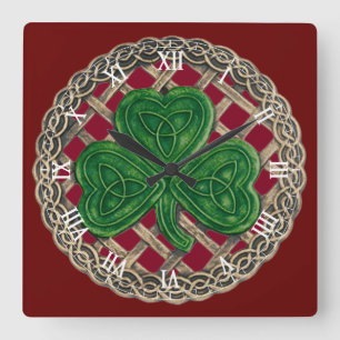 Red Shamrock & Celtic Knots Roman Numerals Clock Vierkante Klok