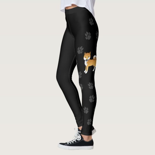 Red Shiba Inu Cute Cartoon Dog & Paws Black Leggings (Links)