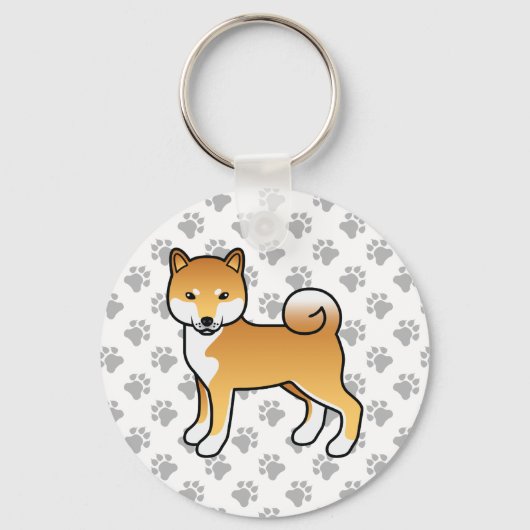 Red Shiba Inu Cute Cartoon Dog & Paws Sleutelhanger (Voorkant)
