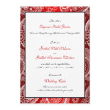 Red Shimmer Satin White Lace Paisley Menu Kaart