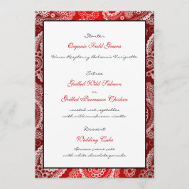 Red Shimmer Satin White Lace Paisley Menu Kaart