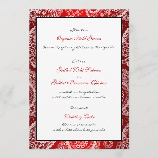 Red Shimmer Satin White Lace Paisley Menu Kaart (Voorkant)