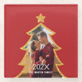 Red Shiny Christmas Tree Personalized Photo Glazen Onderzetter