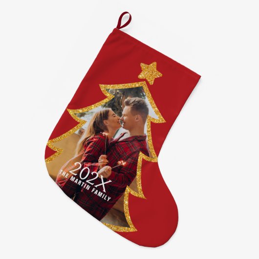 Red Shiny Christmas Tree Personalized Photo Grote Kerstsok (Voorkant (Hangend))