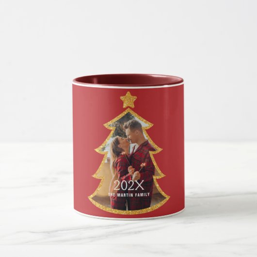 Red Shiny Christmas Tree Personalized Photo Mok (Midden)