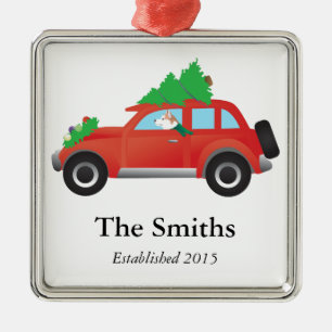 Red Siberian Husky Driving Car met kerstboom Metalen Ornament