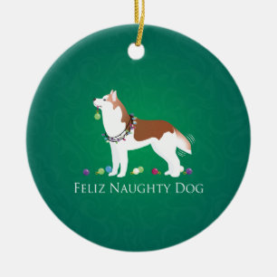 Red Siberian Husky Feliz Naughty Dog Kerstmis Keramisch Ornament
