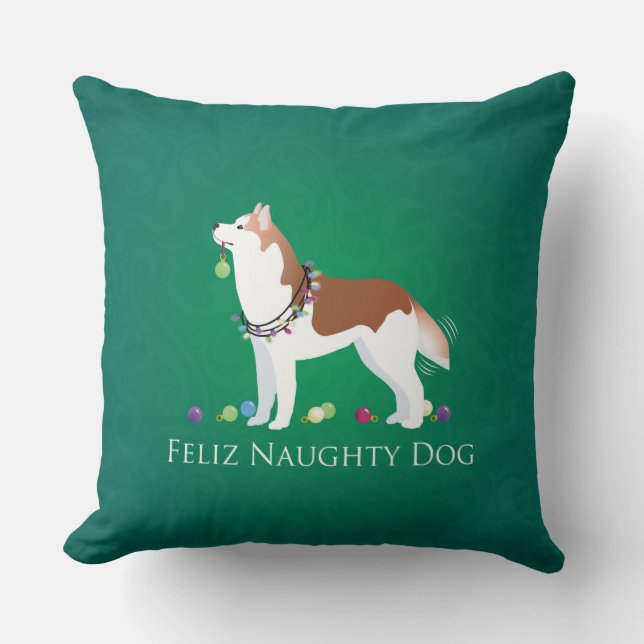 Red Siberian Husky Feliz Naughty Dog Kerstmis Kussen (Voorkant)