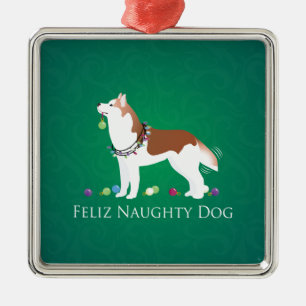 Red Siberian Husky Feliz Naughty Dog Kerstmis Metalen Ornament
