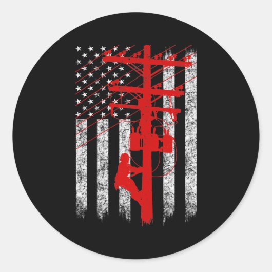 Red Silhouette American Flag Lineman Electrician  Ronde Sticker (Voorkant)