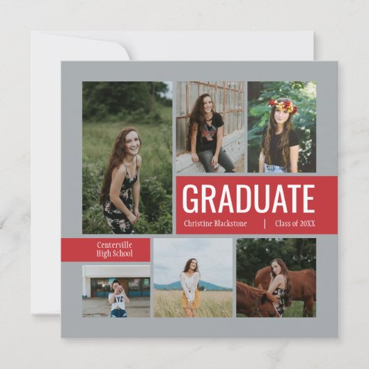Red & Silver 6 Foto Afstuderen Invitation (Voorkant)