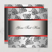 Red Silver Black Damask Party Invitation Sjabloon Kaart (Voorkant / Achterkant)