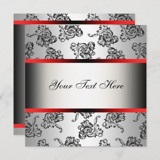 Red Silver Black Damask Party Invitation Sjabloon Kaart (Voorkant / Achterkant)