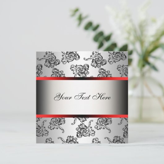 Red Silver Black Damask Party Invitation Sjabloon Kaart (Staand voorkant)