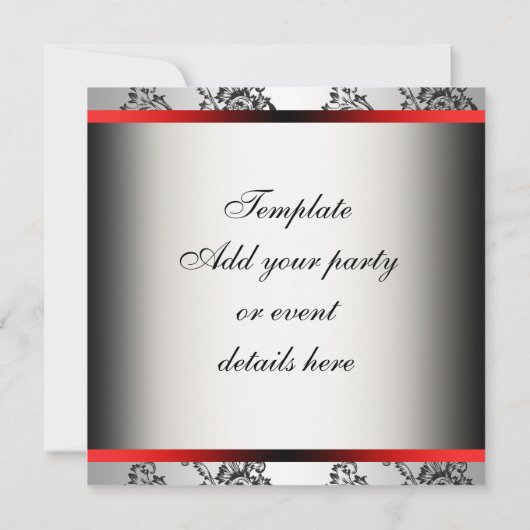 Red Silver Black Damask Party Invitation Sjabloon Kaart (Achterkant)