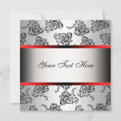 Red Silver Black Damask Party Invitation Sjabloon Kaart (Voorkant)