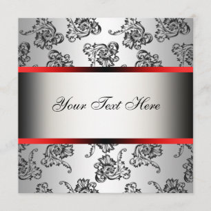 Red Silver Black Damask Party Invitation Sjabloon Kaart