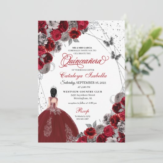 Red Silver Butterfly Princess Quinceanera Kaart (Staand voorkant)